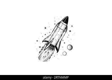 Blowing Space Rocket Sketch Gravur Style Vektor Illustration. Stock Vektor