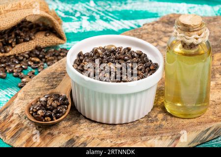 Rizinus communis - getrocknete Samen und Öl aus der Frucht der Rizinusbohnenpflanze Stockfoto