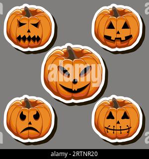 Illustration auf Themenaufkleber zum Feiern lustiger Feiertag Halloween mit orangen Kürbissen Stock Vektor