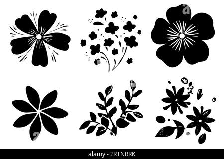 Set mit Linoschnitt-Stempel mit Grunge-Blumen. Packung verächtlicher Texturelemente. Vektorillustration. Stock Vektor