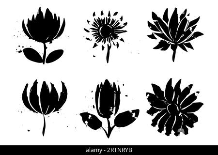 Set mit Linoschnitt-Stempel mit Grunge-Blumen. Packung verächtlicher Texturelemente. Vektorillustration. Stock Vektor