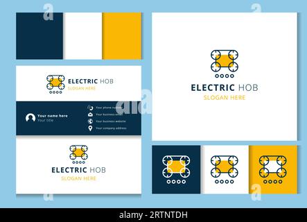 Elektrisches Kochfeld mit Logo und editierbarem Schriftzug. Markenbuch und Visitenkartenvorlage. Stock Vektor