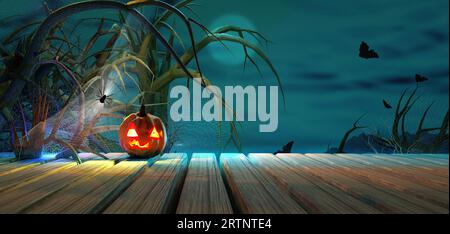 Halloween-Hintergrund mit Kürbis in der Nacht. 3D-Rendering-Illustration Stockfoto