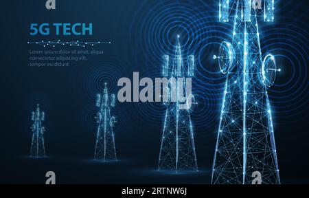 Abstrakter Antennenmast auf blau. 5G-Technologie, Telekommunikationsindustrie Stock Vektor
