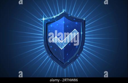 Sichere Technologie. Polygonale Drahtmodellabschirmung mit dunkelblauem Häkchen. Stock Vektor