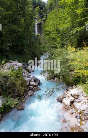 Ein türkisfarbener Fluss, der von einem großen Wasserfall in Slowenien durch den Wald fließt Stockfoto