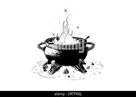 Kochender Hexenkessel handgezeichnete Tuschezeichnung. Gravurstil Vektorillustration. Stock Vektor