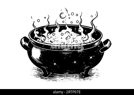 Kochender Hexenkessel handgezeichnete Tuschezeichnung. Gravurstil Vektorillustration. Stock Vektor
