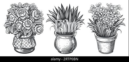 Skizze der Pflanzen in Innenräumen. Zimmerpflanzen-Set. Blumen in einem Topf. Vintage-Vektor-Illustration im Gravurstil Stock Vektor