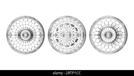 Kirchenfenster aus Glas. Drei katholische schwarz-weiße Kreise. Stock Vektor
