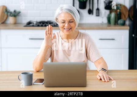 Schöne positive, weißhäutige, grauhaarige Frau mit Brille, sitzt zu Hause in der Küche am Tisch, schaut auf den Laptop-Bildschirm, spricht per Videokonferenz mit einem Freund, begrüßt, lächelt Stockfoto
