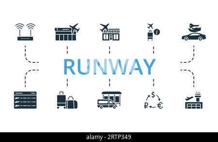Rollbahn-Set. Kreative Symbole: wifi-Zugang, Tore, Duty Free, Touristeninformation, Autovermietung, Fluginformationsboard, Gepäck, Busbahnhof, Währung Stock Vektor