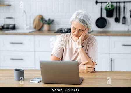 Enttäuschung Weiße ältere grauhaarige Frau, trägt eine Brille, sitzt an einem Tisch mit einem Laptop in der Küche zu Hause, arbeitet fern, sieht verwirrt auf den Bildschirm, frustriert über Nachrichten Stockfoto