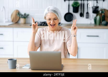 Fröhliche, reife, weiße, grauhaarige Frau, mit Brille, sitzt in der Küche an einem Tisch mit Laptop, arbeitet ferngesteuert, verwaltet Finanzen, freut sich über das Ergebnis, lächelt glücklich, Hände mit Gesten Stockfoto