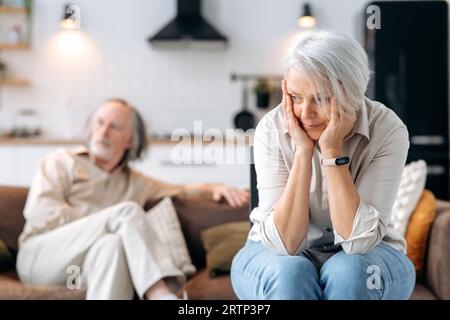 Reife weiße Ehepartner missverstehen sich gegenseitig, erleben Beziehungskrisen, beleidigte Ehefrau schaut enttäuschend weg, der Ehemann sitzt im Unschärfe-Hintergrund. Streit, Groll Stockfoto
