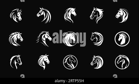 Pferdekopf-Ikonenset, Reitsport-Rundum-Logo-Kollektion. Die schlanke Silhouette von Horsehead symbolisiert Geschwindigkeit, Kraft und Eleganz. Vektor-Logo. Stock Vektor