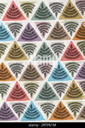Buntes Tringle auf schwarzem Farn frand Blatt Kunstmuster, Farn frand Blatt Muster, Tringle Muster, nahtlose Muster Kunst Stockfoto