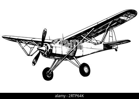 Handgezeichnete Tuschezeichnung des Flugzeugs. Gravurstil Vektorillustration. Stock Vektor