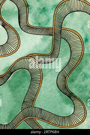 goldene Linie Kunst Kette Wellenmuster auf bewölktem Hintergrund, Wasserfarbe Hintergrund, Illustrator grüne Farbe Schatten Hintergrund, Linie Kette Muster Stockfoto