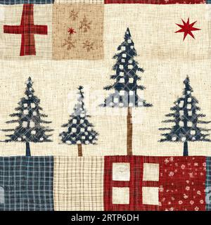 Altmodischer weihnachtsbaum mit primitivem Handnähstoff-Effekt. Gemütliches, nostalgisches, selbstgemachtes, handgefertigtes Kunsthandwerk mit nahtlosem Muster Stockfoto