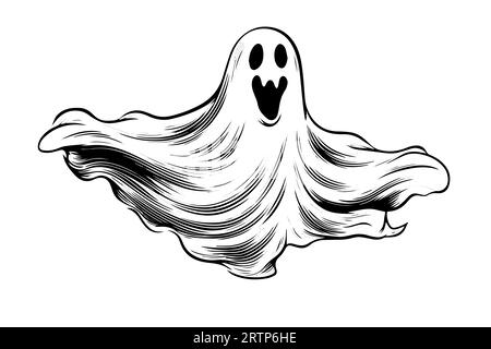 Hand gezeichnete Halloween Grusel Flying Ghost Vector Gravur-Stil Illustration. Stock Vektor