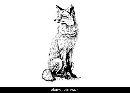 Fox Sitting Hand gezeichnete Tuschezeichnung. Gravur Vektorillustration im Vintage-Stil. Stock Vektor