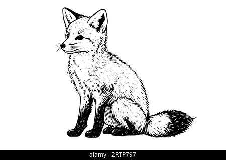 Fox Sitting Hand gezeichnete Tuschezeichnung. Gravur Vektorillustration im Vintage-Stil. Stock Vektor