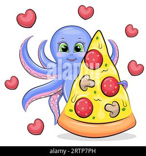 Niedlicher Cartoon-Oktopus mit einem großen Stück Pizza. Vektorillustration eines Tieres auf weißem Hintergrund mit roten Herzen. Stock Vektor