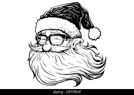 Weihnachtsmann Kopf in einem Hut Skizze Hand gezeichnet in Gravur Stil Vektor Illustration. Stock Vektor