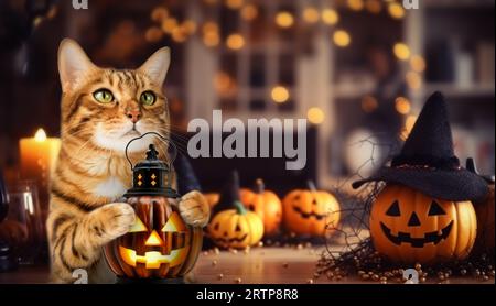 Eine rote Katze vor dem Hintergrund eines für Halloween dekorierten Raumes. Urlaubskarte. Stockfoto