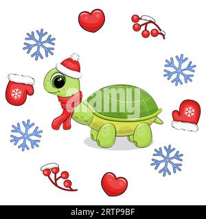 Süße grüne Cartoon-Schildkröte mit rotem Schal und Hut in einem Winterrahmen. Weihnachtsvektorillustration eines Tieres mit Herzen, Fäustlingen, Beeren. Stock Vektor
