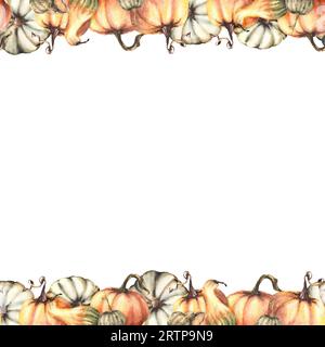 Herbst Kürbisse nahtlose Rahmen Herbst Gemüse Ernte. Isolierte Aquarellillustration auf weißem Hintergrund, die sich für dein halloween wiederholt Stockfoto