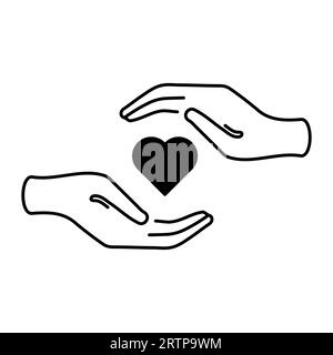 Symbole für Herz zwischen den Händen. Symbol für Fürsorge, Liebe, Wohltätigkeit. Vektorillustration isoliert auf weißem Hintergrund Stock Vektor