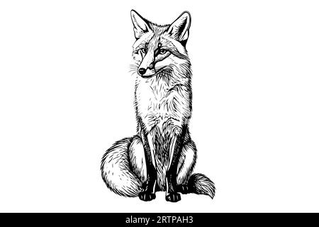 Fox Sitting Hand gezeichnete Tuschezeichnung. Gravur Vektorillustration im Vintage-Stil. Stock Vektor