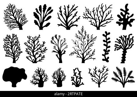 Handgezeichneter Satz von Korallen und Algen Silhouette isoliert auf weißem Hintergrund. Vektorsymbole und Stempelabbildung. Stock Vektor