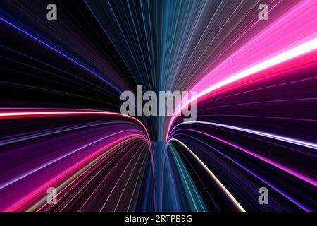 3D-Illustration eines Lichttunnels aus leuchtenden Neonlinien. 3D-Rendering von hellen Lichtspuren, perspektivische Ansicht. Stockfoto