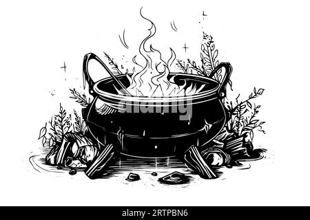 Kochender Hexenkessel handgezeichnete Tuschezeichnung. Gravurstil Vektorillustration. Stock Vektor