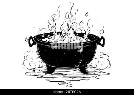Kochender Hexenkessel handgezeichnete Tuschezeichnung. Gravurstil Vektorillustration. Stock Vektor