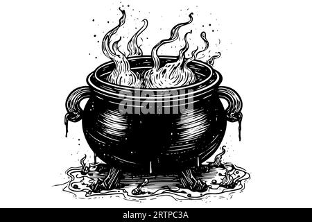 Kochender Hexenkessel handgezeichnete Tuschezeichnung. Gravurstil Vektorillustration. Stock Vektor