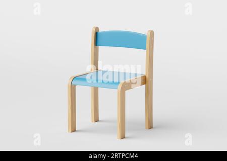 3D-Illustration des hölzernen Kinderstuhls mit einstellbarer Höhe isoliert auf weißem Hintergrund Stockfoto