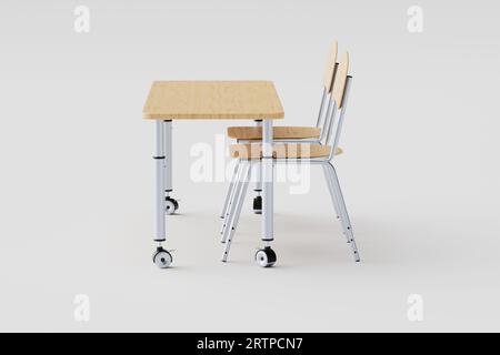 3D-Illustration von Kinderschreibtisch und Paar Stühle mit einstellbarer Höhe isoliert auf weißem Hintergrund Stockfoto
