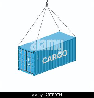 Seecontainer hängt an einem Kranhaken isoliert auf weißer, realistischer Vektorillustration Stock Vektor