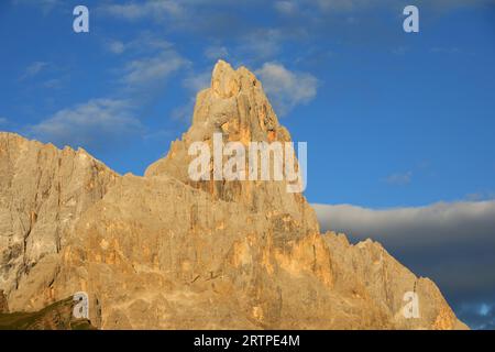 Der hohe Berg CIMON DELLA PALA bei Sonnenuntergang in Norditalien Stockfoto