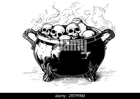 Kochender Hexenkessel handgezeichnete Tuschezeichnung. Gravurstil Vektorillustration. Stock Vektor
