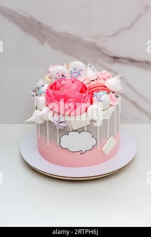 Wunderschöner und eleganter grau-rosa Kuchen mit geschmolzener weißer Schokolade, Makronen, essbarer Pfingstrosenblüte und Meringue-Küssen Stockfoto
