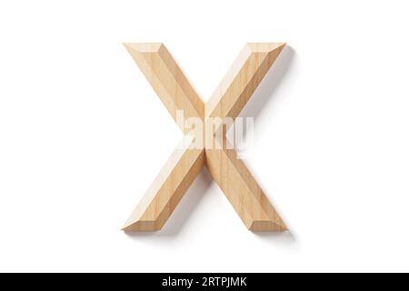 Buchstaben aus Holz. 3D-Illustration des hölzernen Alphabets isoliert auf weißem Hintergrund Stockfoto
