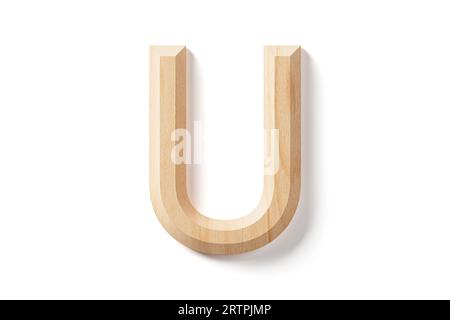 Buchstaben aus Holz. 3D-Illustration des hölzernen Alphabets isoliert auf weißem Hintergrund Stockfoto