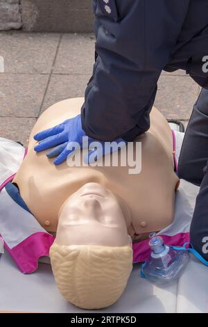 Hände eines Polizisten an einer Schaufensterpuppe während einer Reanimationsübung. HLW-erste-Hilfe-Schulungskonzept.Notfallversorgung. Stockfoto