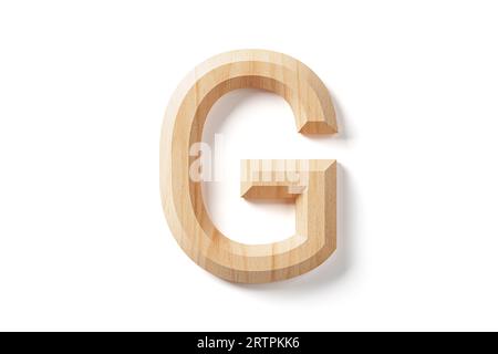 Buchstaben aus Holz. 3D-Illustration des hölzernen Alphabets isoliert auf weißem Hintergrund Stockfoto