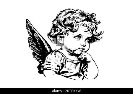 Kleine Engel Vektor Retro Stil Gravur schwarz-weiß Illustration. Niedliches Baby mit Flügeln. Stock Vektor